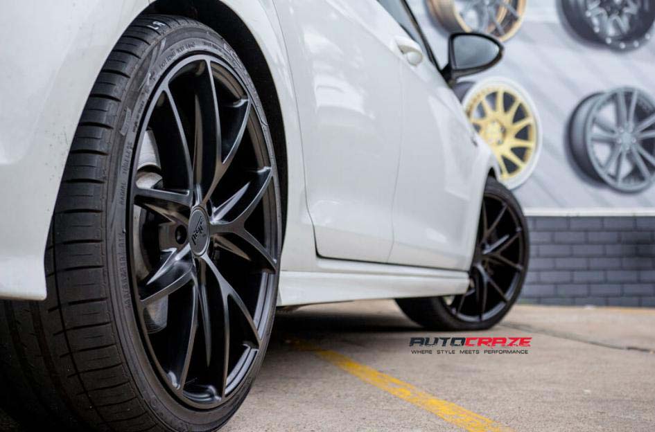 Volkswagen Golf with niche wheels and Kumho tyre rear wheel close up shot febuary 2018