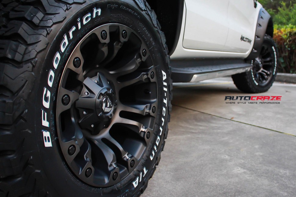 White Ford Ranger Fuel Vapor Matte Black Wheels BFGoodrich All Terrain Tyres Closeup Shot